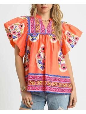 Umgee Mix Boho Printed V‑Neck Top Casual Blouse with Puff Sleeves Bohemian 1XL